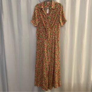 NWT Poupette St. Barth Bettina V‎ Pink Honolulu long jumpsuit - Red and Green, L